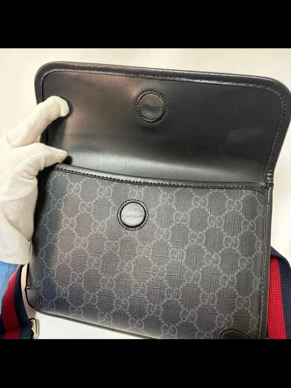 Gucci Black GG Supreme Canvas Belt Bag with Red and Blue Web Strap